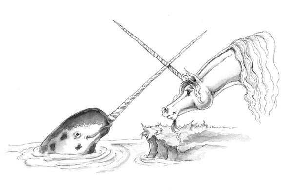 Et fantasifullt møte mellom en narhval og en enhjørning. (Ill.: Uncyclopedia commons)